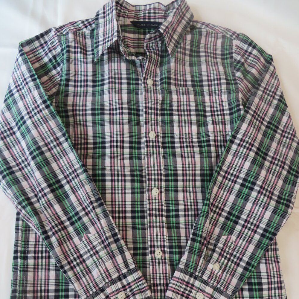 Janie and Jack Boys Button Down | Plaid | Navy/Green/Pink | Size 8